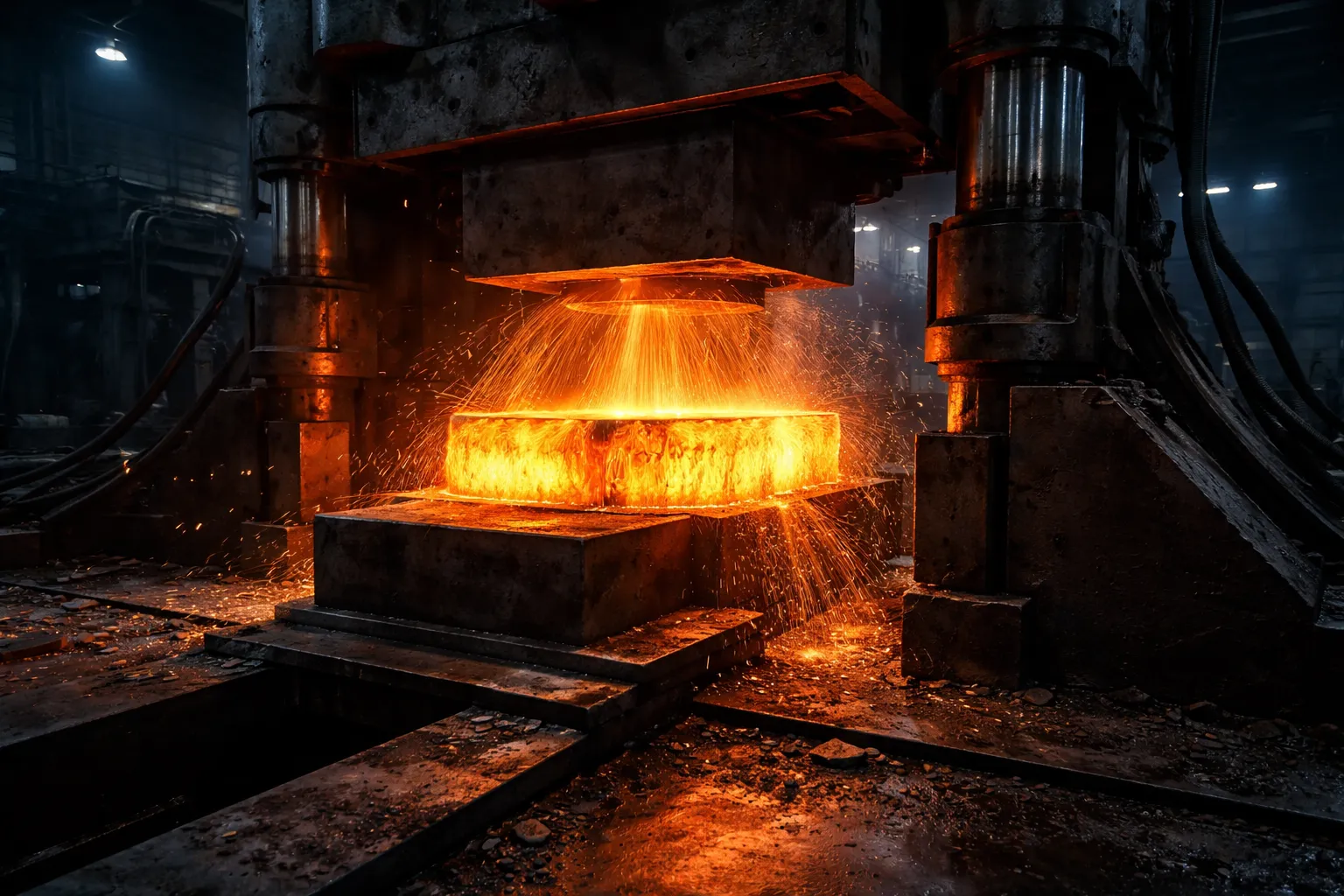 A glowing hot piece of metal being forged, representing hot work tool steel applications.