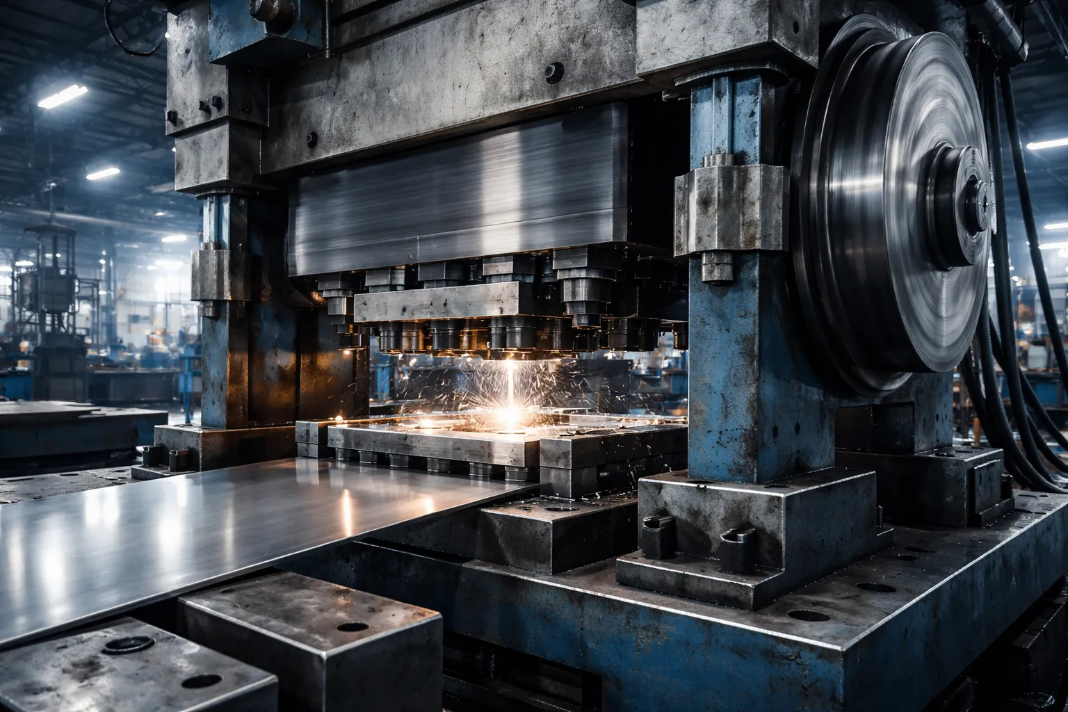 A high-speed stamping press in action, illustrating a typical cold work application.