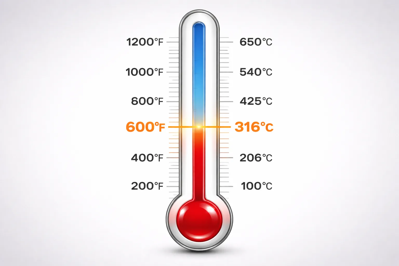 A thermometer graphic showing a clear dividing line at 600&deg;F / 316&deg;C.